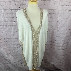 Chico's Cream Tan poncho Shrug sweater Textured Trim sz L/XL pull over v-neck